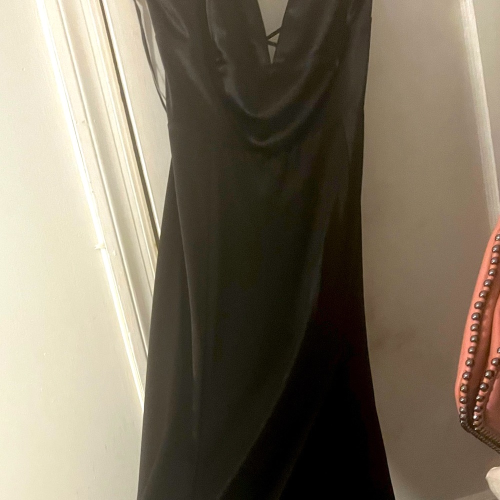 Black silk gown deep plung line corset middle split u side ties in back